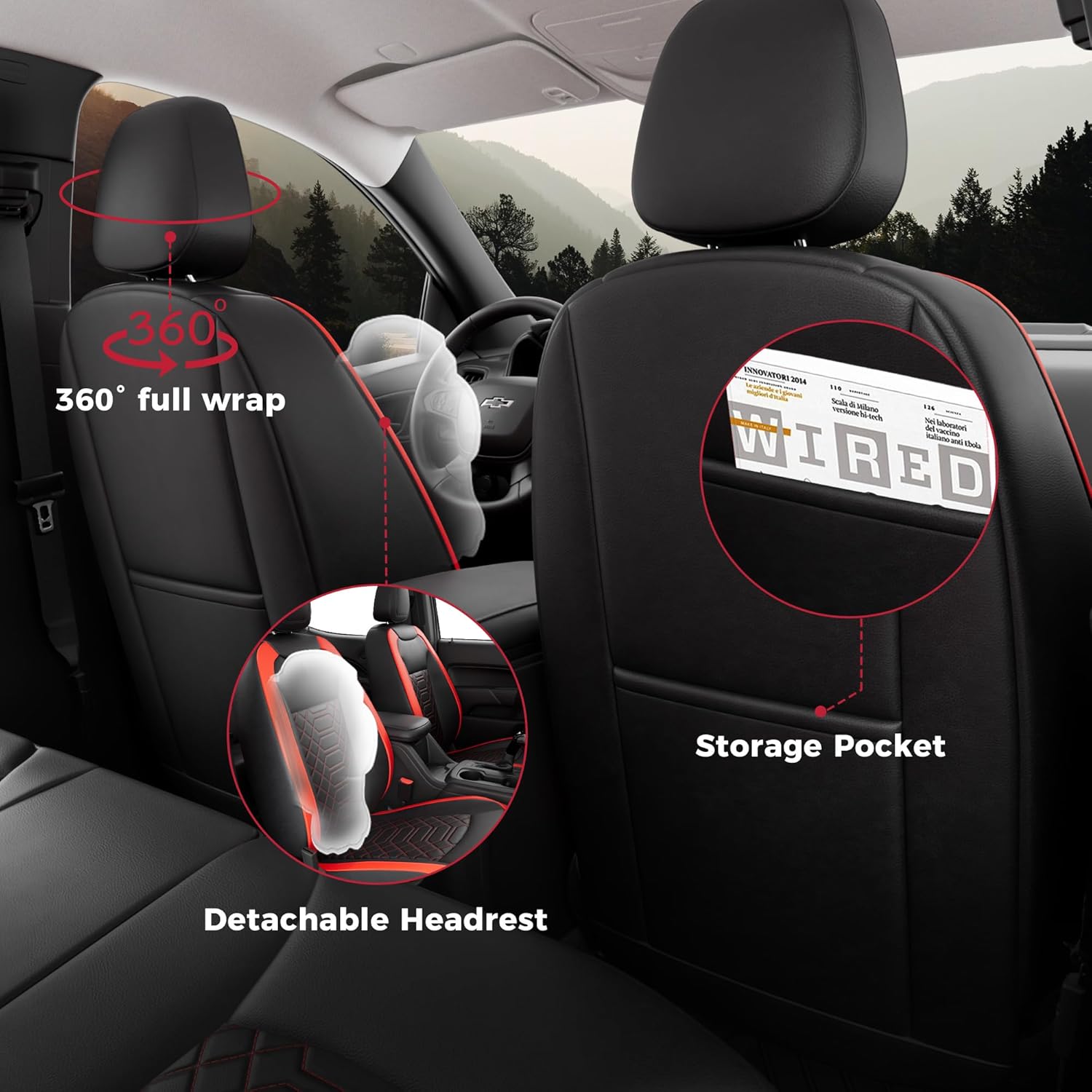 FREESOO Custom 1:1 for Chevy Colorado Seat Covers, Fit for Colorado 2014-2022 Crew Cab Z71 LT ZR2 Work Truck, Faux Leather Seat Covers Full Set - Rear Row W/40/60 Split Seat (BlackRed) 5 seat