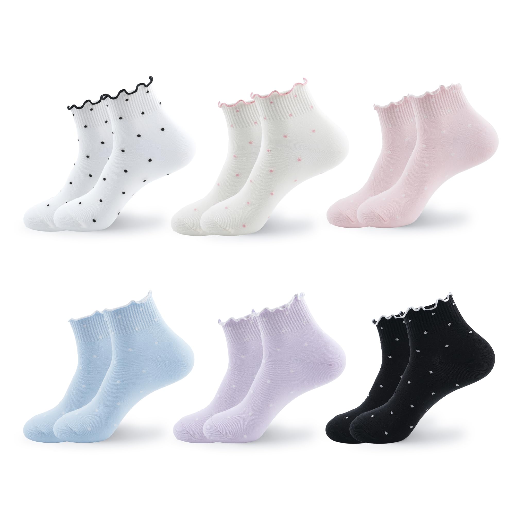 Women Crew Socks | 5-6 Pairs Tube Stripes Flower Print Rainbow Solid Polka Dot Patterned | Korean Daily Cotton Socks | US 6-8, Ruffle Dot B, 6-8-image-15