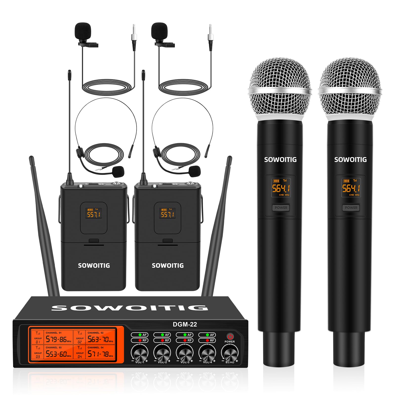 Kabelloses Lavalier-Mikrofon mit Headset und Handmikrofonen, Professionelles 4-K UHF Schnurloses Mikrofon Set mit Metallempfänger, 193m Reichweite für Kirche, Karaoke, Hochzeit, Party