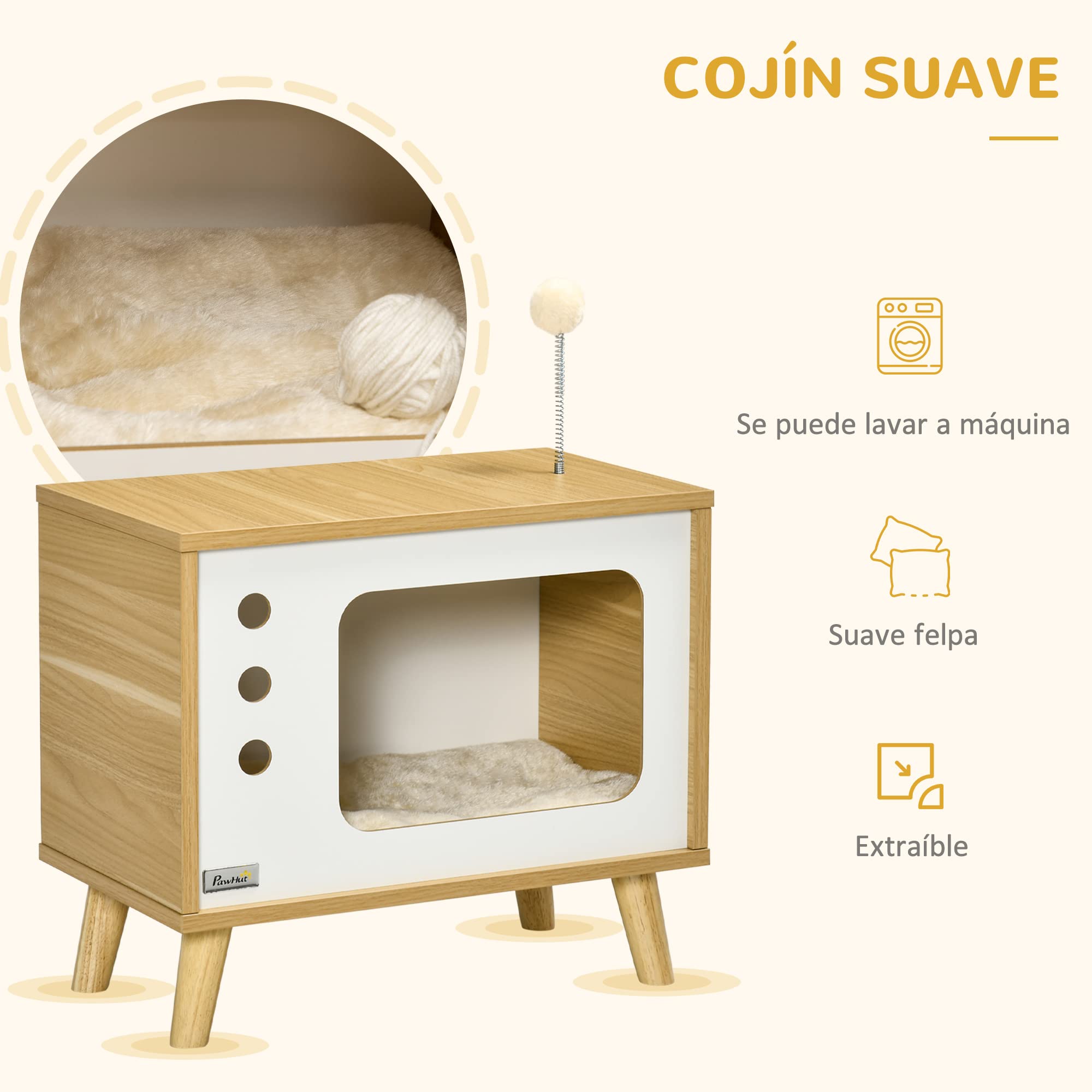 Pawhut Cama Cueva de Gatos Estilo Televisor Casa para Gatos con Cojín Suave Lavable Bola Divertida y Patas Elevadas 50x28x43 cm Roble