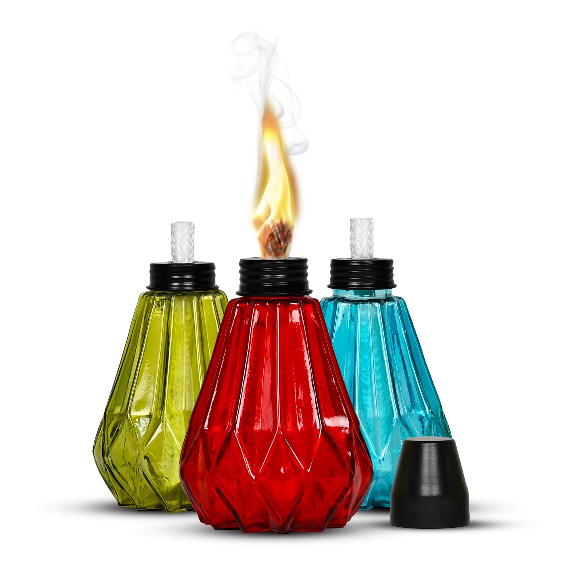 Deco Window Pack of 3 Table Torch for Indoor Outdoor Citronella Oil Tabletop Glass Lamp Landscape Lantern with Fiberglass Wick & Cap for Garden Patio Yard Party Decor Light