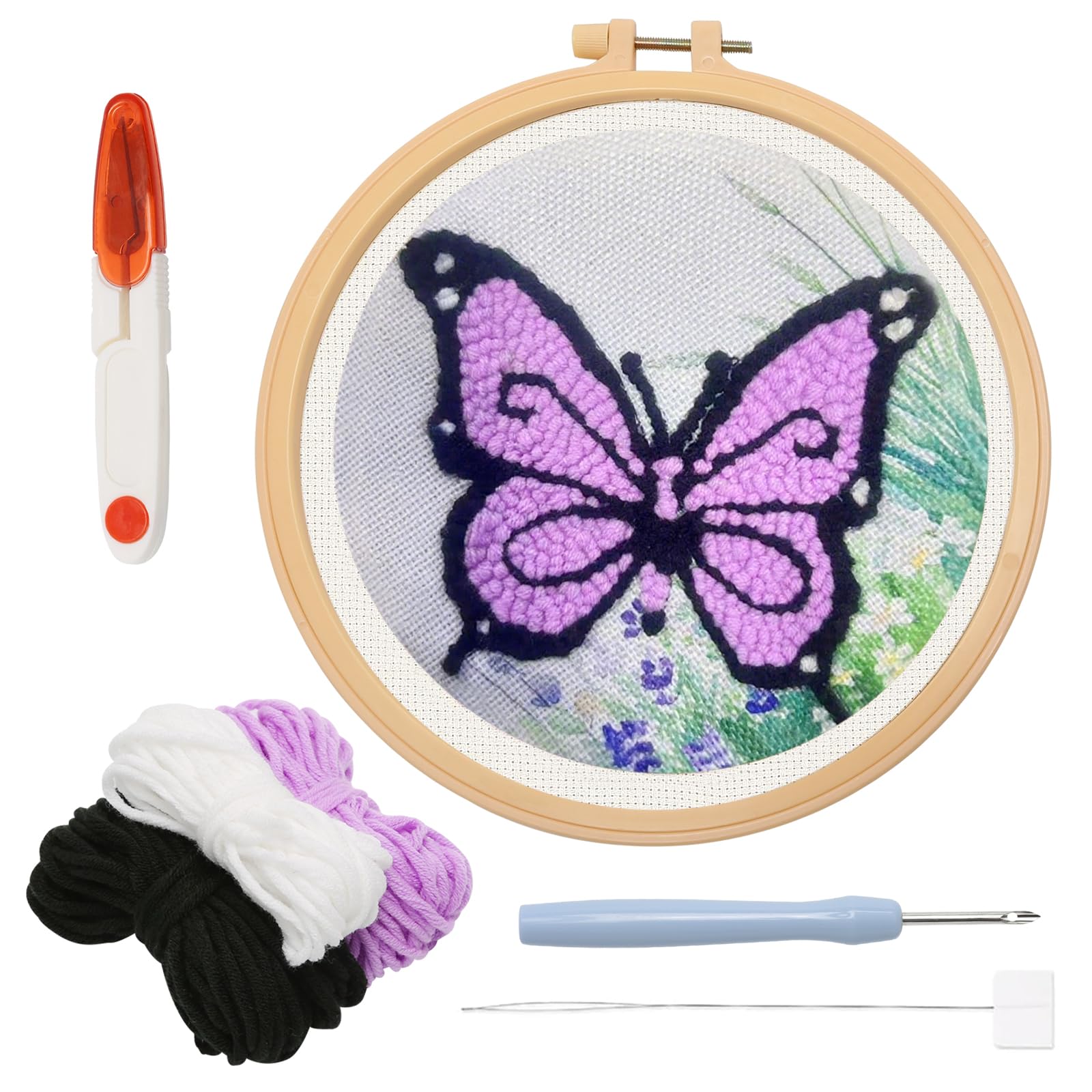 Juyibaao DIY Punch Needle Kit for Beginners, Butterfly Style, 20x20cm
