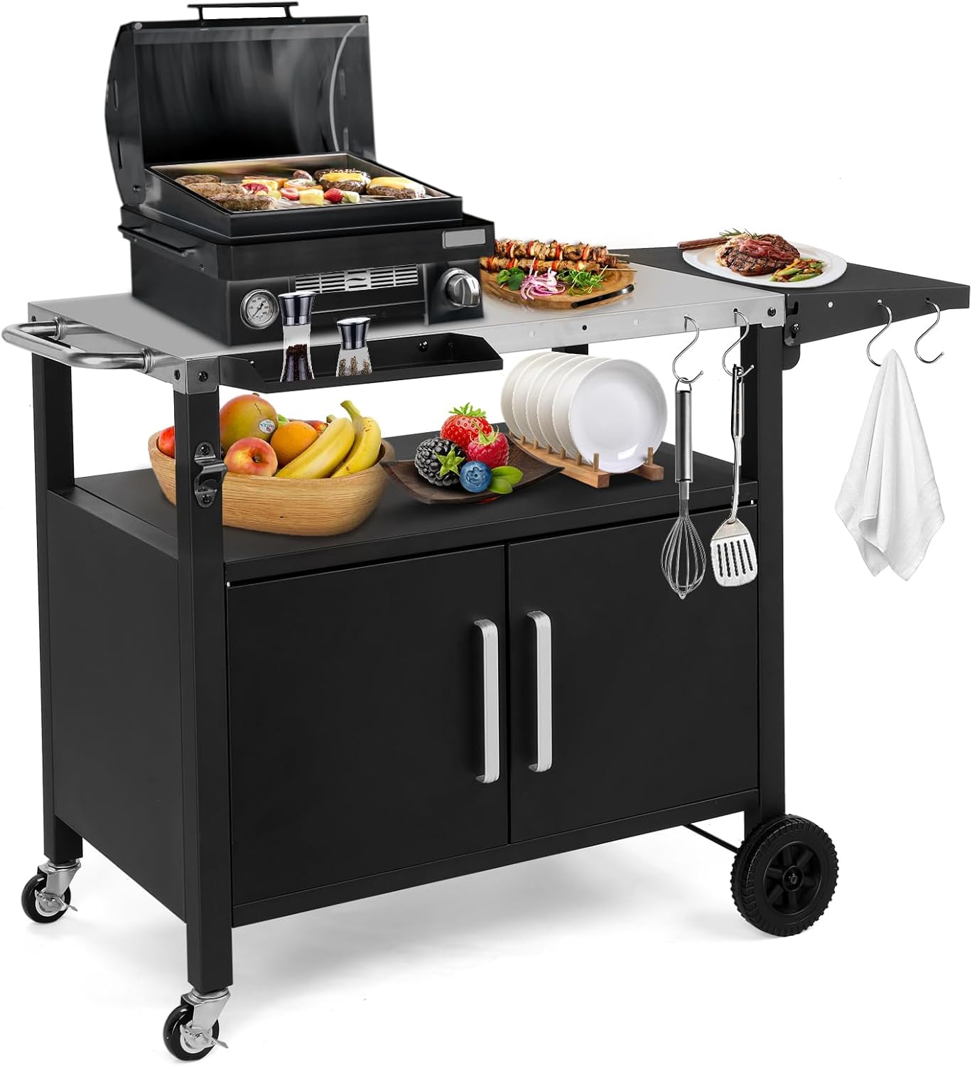 Outdoor Grill Cart with Storage, Rolling Outdoor Bar Cart and Foldable Korean BBQ Table, Movable Outdoor Kitchen Island and BBQ Cart for Patio Dining and Food Prep, with Wheels and Hooks