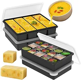 4 bandejas de silicone para freezer com tampa, recipiente para congelador de sopa, inclui 2 bandejas de quatro furos e 2 bandejas de quinze furos, bandeja grande de silicone para congelar e armazenar