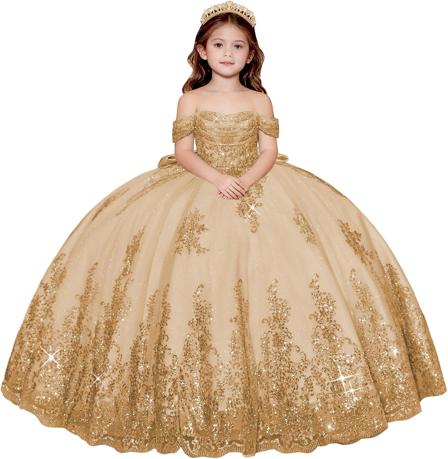 Sparkly Flower Girl Dress with Bow Lace Applique First Communion Dresses for Girls Off Shoulder Girls Pageant Dress