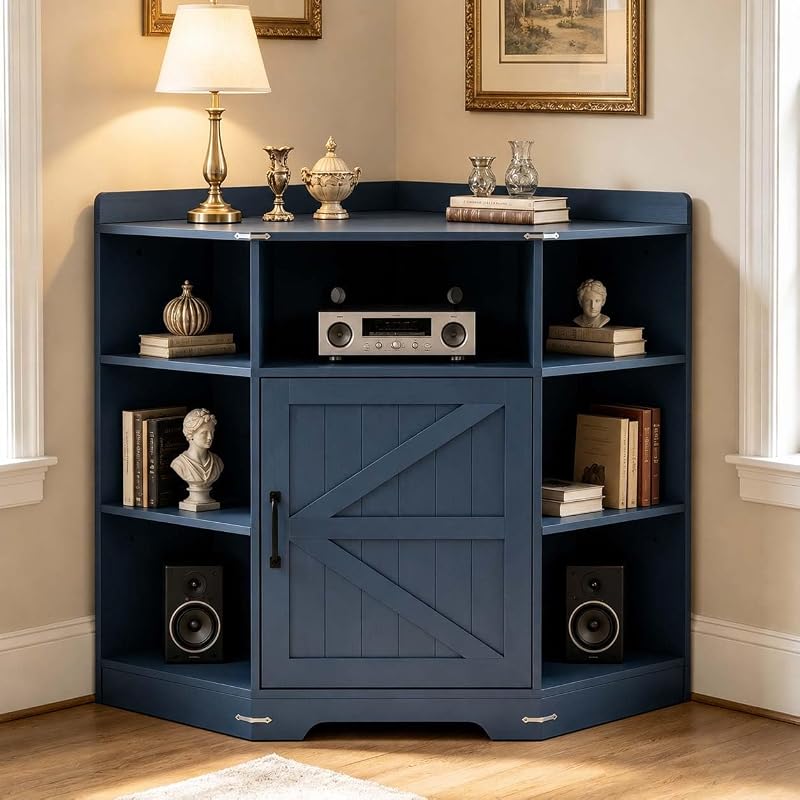 Corner Storage Cabinet with USB Ports & Outlets, Wooden Cube Shelf (Blue)