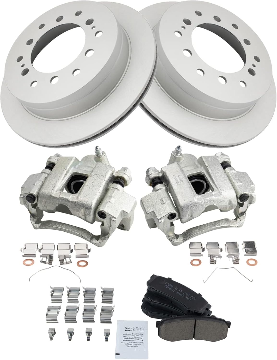 TRQ Rear Brake Pad and Rotor Set Ceramic Vented Coated Rotors Calipers Compatible with 2003-2009 Lexus GX470 2001-2007 Toyota Sequoia