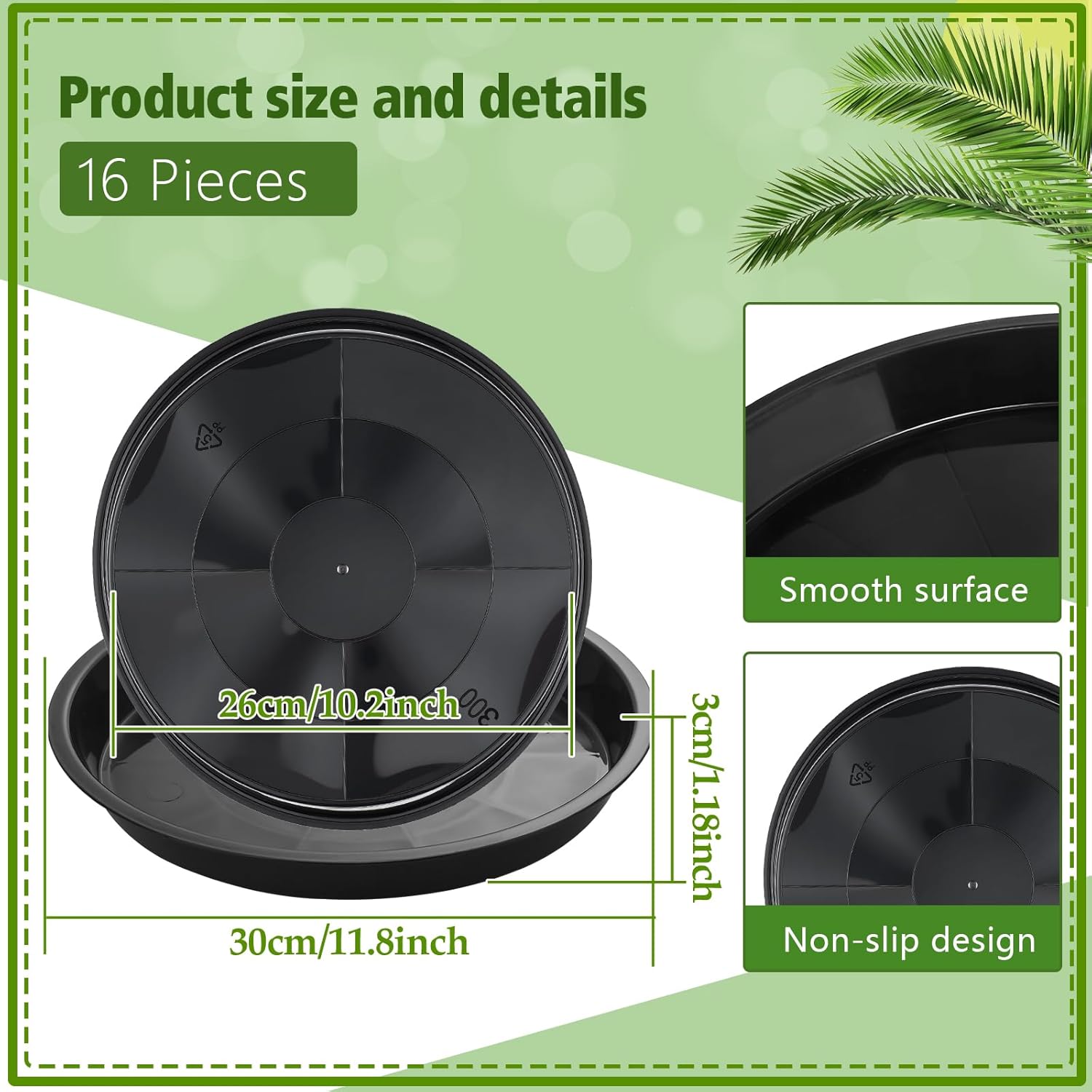 Honeydak 16 Pack 11.8 Inch Plant Saucer Plastic Plant Water Tray Plastic Saucers for Indoors Outdoors Round Pot Planter Heavy Duty Drip Trays for Garden Flower, Black