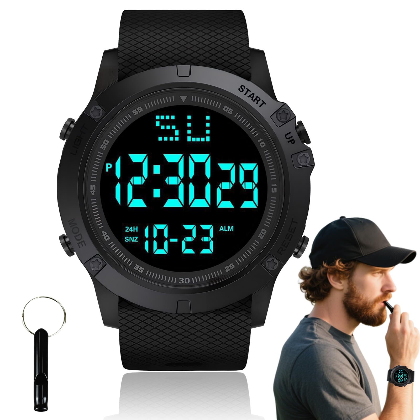 Atnayo Black Referee Watch, Digital Waterproof Wrist Stopwatch With Whistle For Training, Running, Outdoor Activities