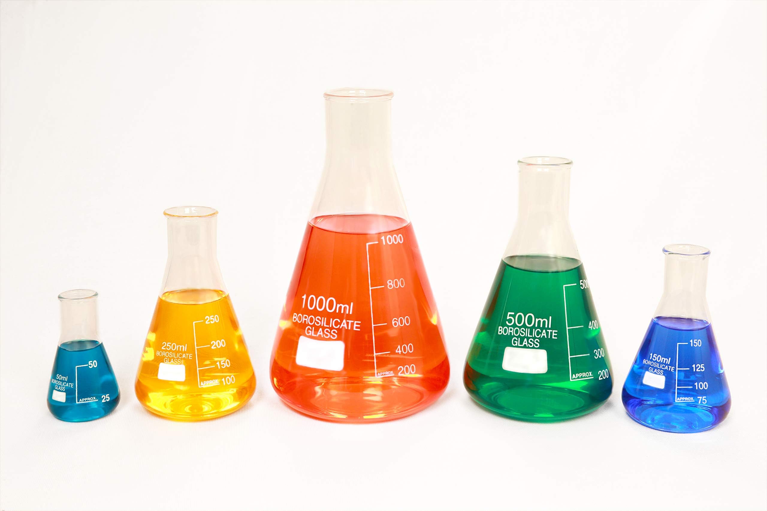Glass Erlenmeyer Flask Set of 5 Borosilicate Thick Low Form - 50ml, 150ml, 250ml, 500ml, 1000ml