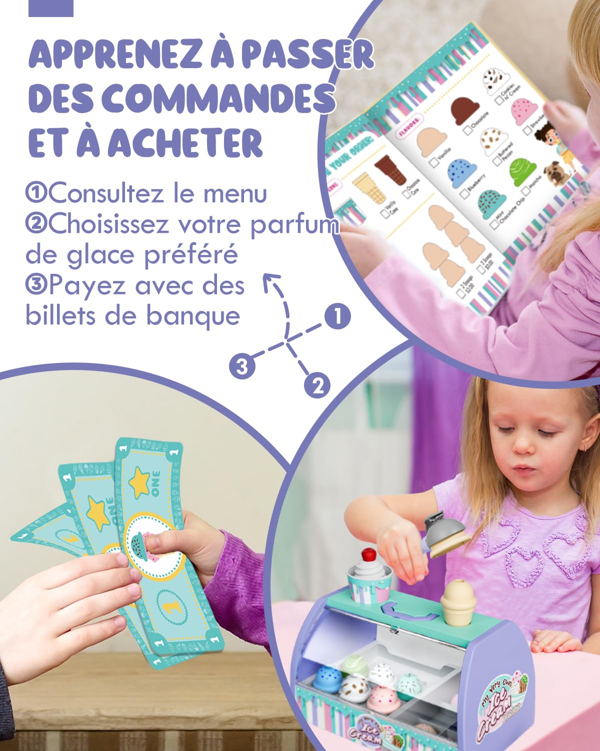 Lehoo Castle Jouets de Glacier, 28 Pièces Cuisine en Enfant avec Un Comptoir, Dinette Enfant, Montessori, Dinette Cadeau pour Garçons et Filles de 3 4 5 6 7 Ans(Violet)