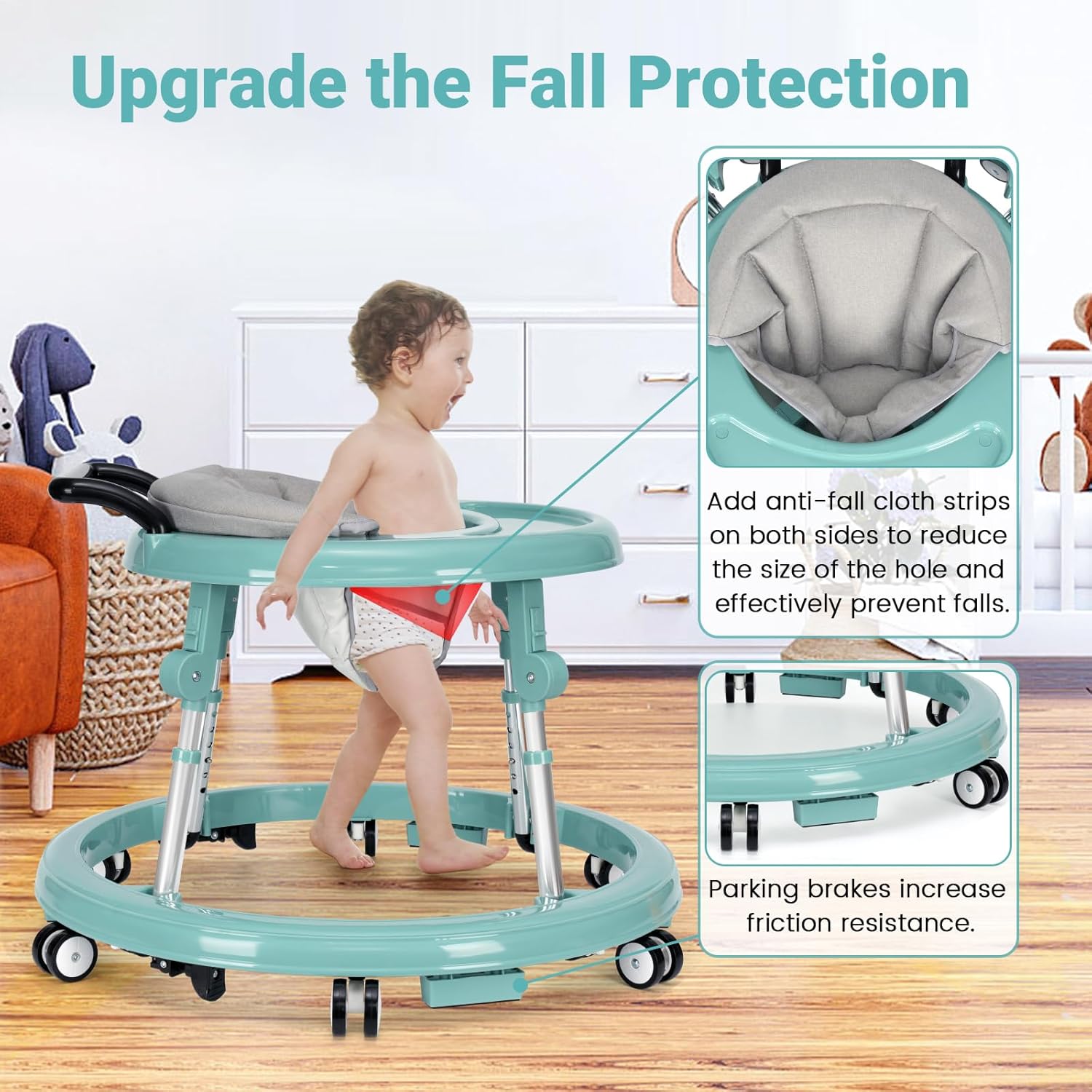 Condition photo showing New/Like New for Baby Walker Foldable with 9 Adjustable Heights, Baby Walker with Wheels Portable, Infant Toddler Walker for Baby Boy Girls 6-18 Months Green