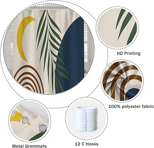 Miniatura 5 de Cortina de ducha bohemia abstracta de mediados de siglo para baño, diseño de luna, hojas de eucalipto, color azul marino, impermeable, moderna,