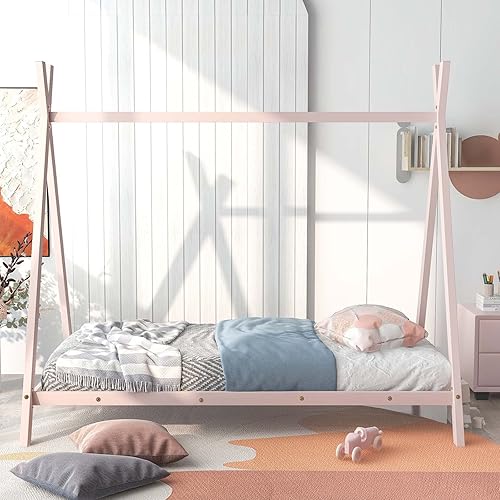 Miniatura 3 de Tienda de campaña de metal para cama individual con marco de cama de metal suelo bajo cama tipo tipi con listones para niñas niños y adolescentes no