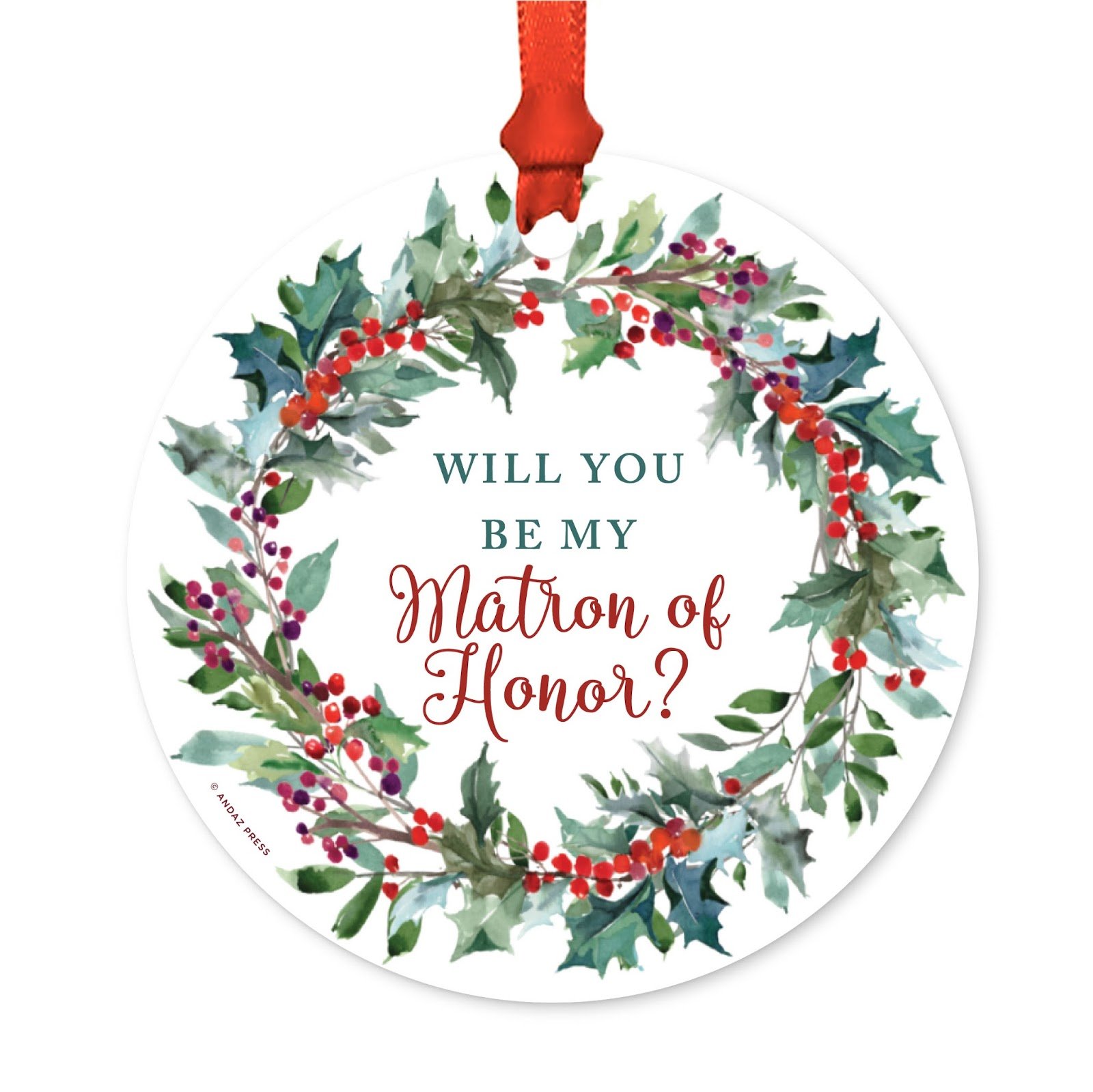 Andaz Press Wedding Metal Christmas Ornament, Will You Be My Matron of Honor?, Red Holiday Wreath, 1-Pack, Includes Ribbon and Gift Bag