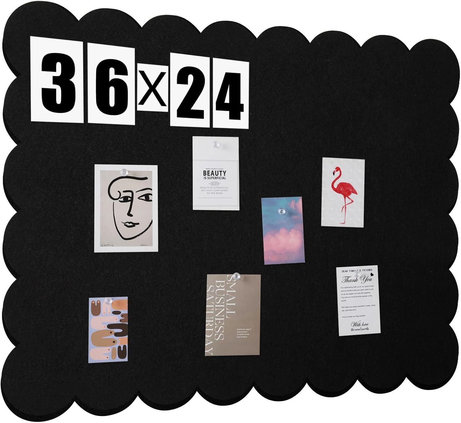 Scalloped Felt Bulletin Board 36 x 24 Inches Foldable Black Pin Cork Board Alternative for Wall, 3' x 2' Trifold Picture Vision Self Adhesive Bulletin Decorative Black 35.4" x 23.6"