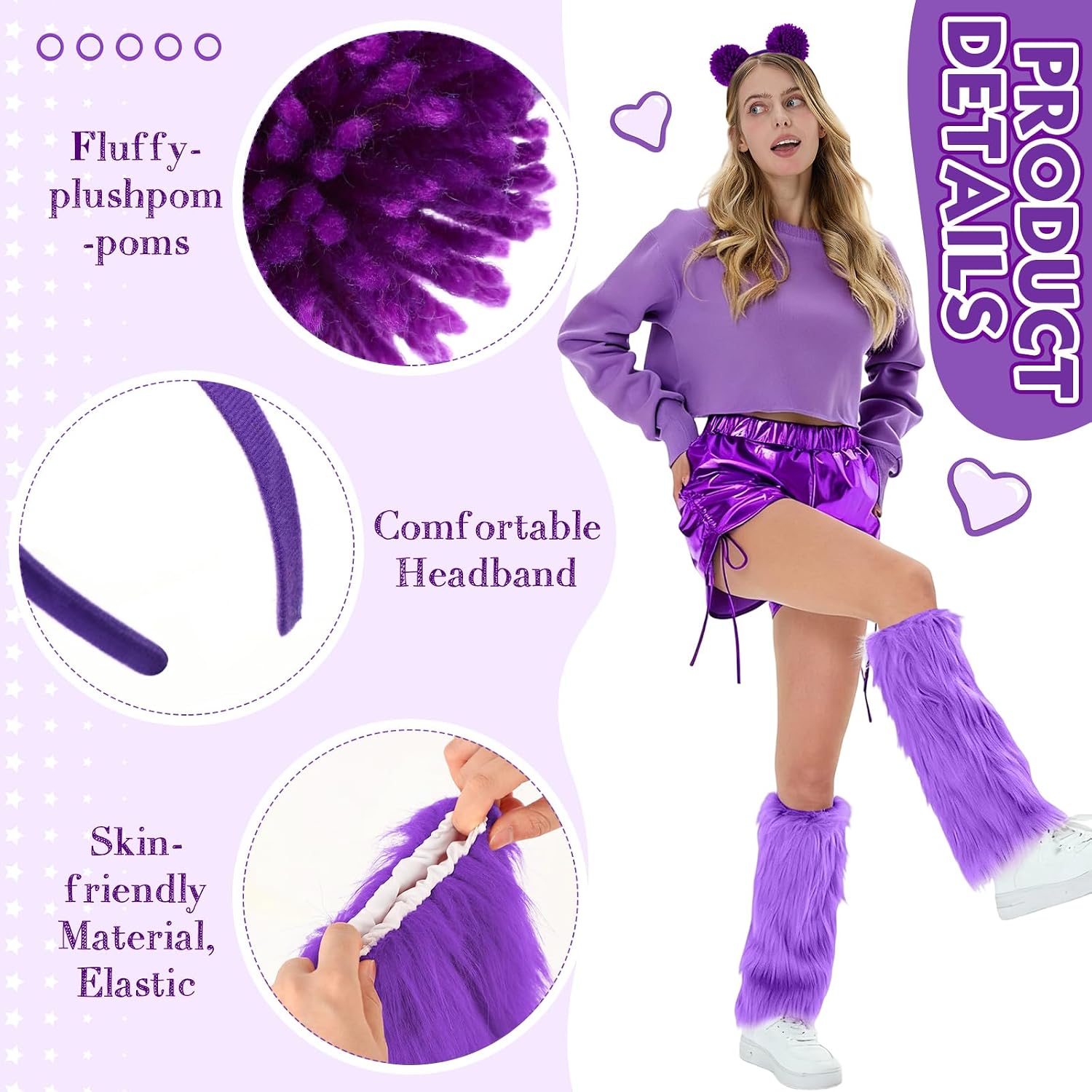 Suncalla Halloween Bear Costume Accessories Pompom Ball Headband Fuzzy Leg Warmers Fluffy Ball Hair Loop Furry Boot Covers