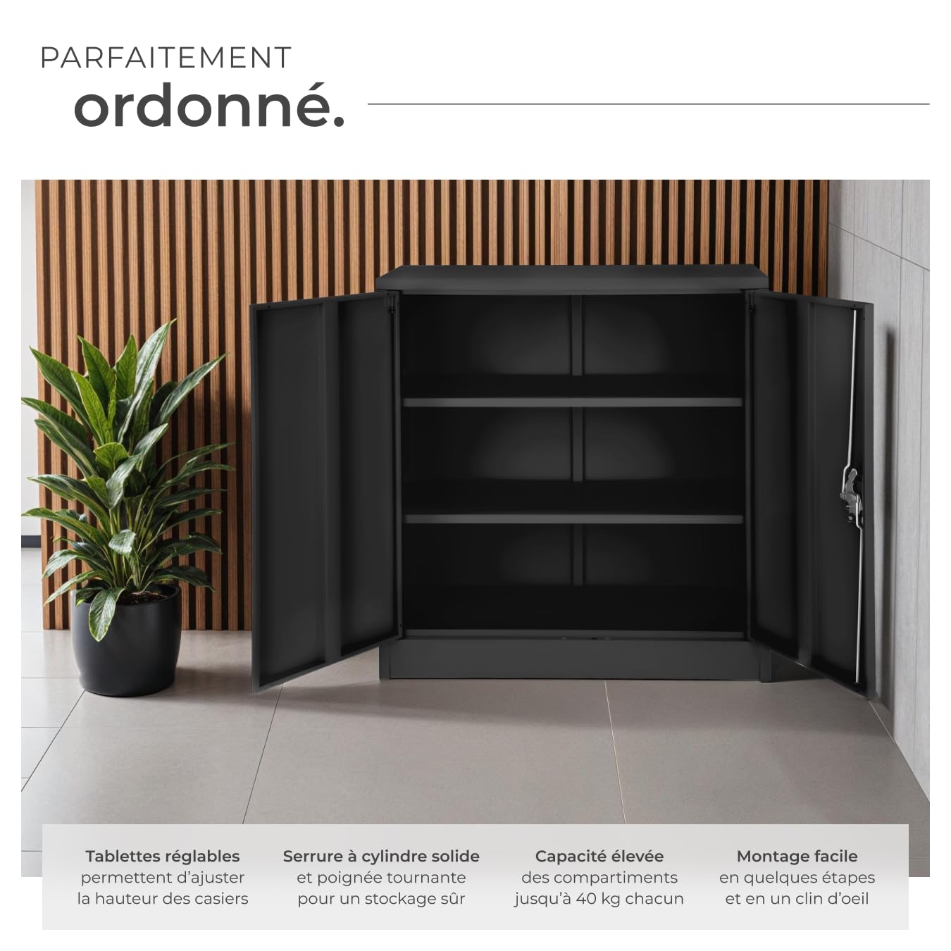 tectake® Armoire de Bureau métallique 90x40x90cm avec Serrure Rangement Bureau avec 3 Compartiments pour Classeur Rangement Documents Industriel Meuble 2 Portes, 2 Étagères Réglables en Hauteur