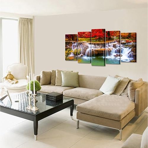 Miniatura 4 de KREATIVE ARTS Lienzo impreso para decoración de sala de estar, estirado, 5 paneles, pintura de cascada verde de ensueño, arte de pared, impresión