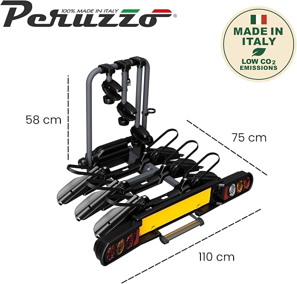 Peruzzo - Porte-vélo sur Attelage Pure Instinct - Transport 3 vélos (60kg Max) - Compatible Fat Bike - Inclinable avec pédale - Câble antivol à clé Inclus - Assemblé et Pliable pour Rangement Facile - 3