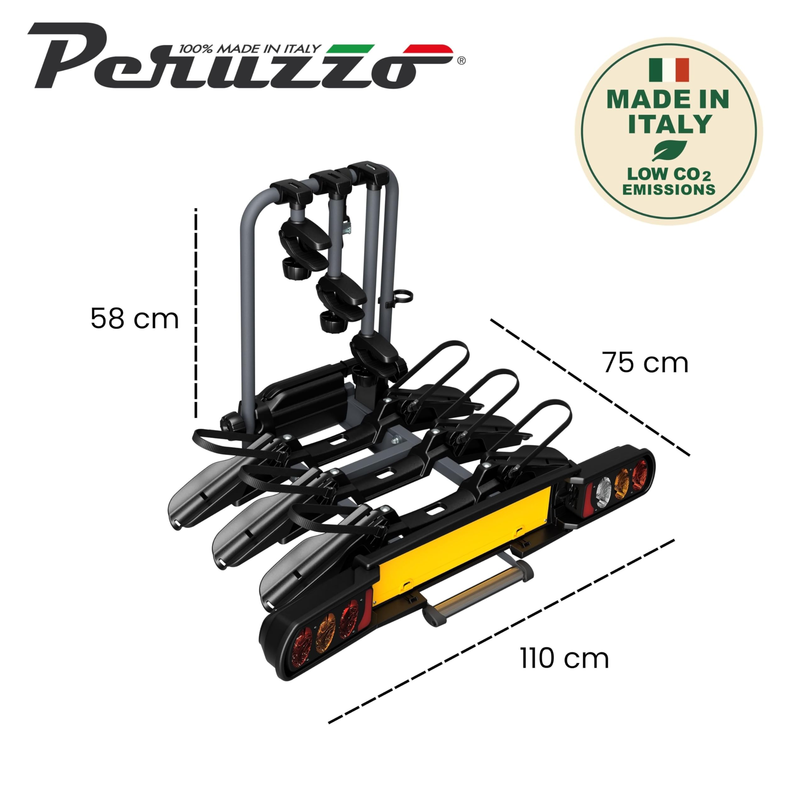 Peruzzo - Porte-vélo sur Attelage Pure Instinct - Transport 3 vélos (60kg Max) - Compatible Fat Bike - Inclinable avec pédale - Câble antivol à clé Inclus - Assemblé et Pliable pour Rangement Facile - 4