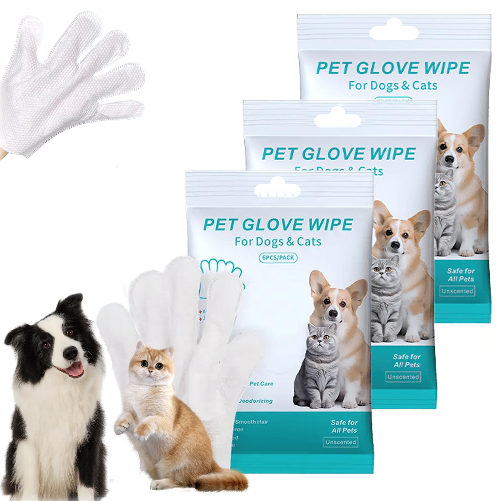 Rinse-Free Dog Shampoo Mitts, Pet Glove Wipes for Dogs, Rinse Free Shampoo Mittens for Dogs, Dog Wipes Cleaning Deodorizing, Hypoallergenic, Rinse Free for Grooming and Travel (3pcs)