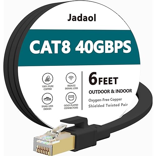 Jadaol Cat 8 Ethernet Cable 6 ft, 40Gbps 2000MHz Flat RJ45 S/FTP LAN Patch Cable, High-Speed Cat8 Network Cable for Router, Modem, Switch, Gaming Consoles, PC, Home Network & Streaming Devices, Black