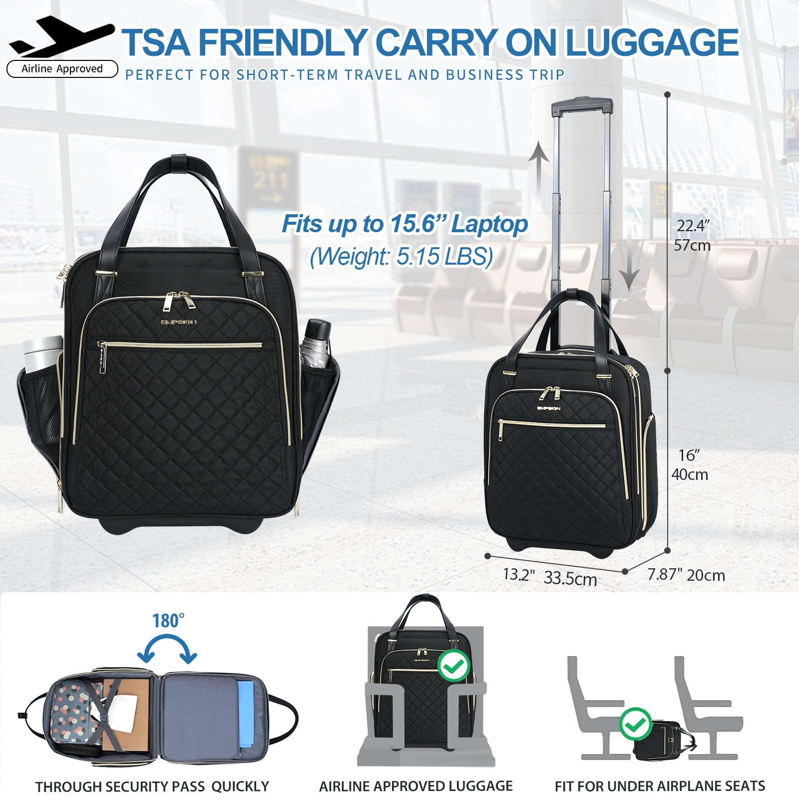 EMPSIGN Valigetta 16" Sottosedile, TSA Impermeabile Multiuso | nero con zip oro, apertura 180°, rotelle silenziose, scomparti multipli, resistente antigraffio per lavoro e weekend