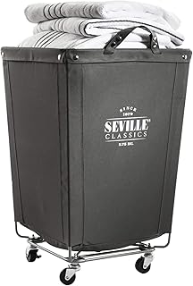 Seville Classics Large Commercial Heavy Duty Rolling Steel Frame Laundry Hamper Canvas Cart Bin, w/ Wheels for Hotel, Home, Closet, Bedroom (PATENTED), Gray, 18.1" D x 18.1" W