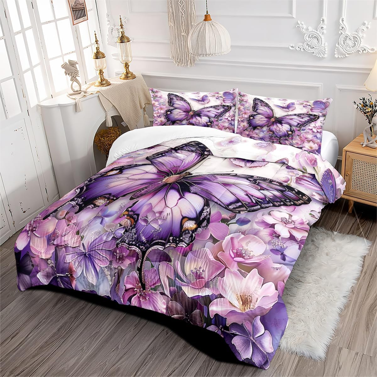 Purple Butterfly Comforter Set Queen Size Flowers Butterfly Bedding Set Chic Botanical Floral Comforter Sets Unique Animal Bed Set Soft Lightweight Comforter for All Season(Gilrs Women)