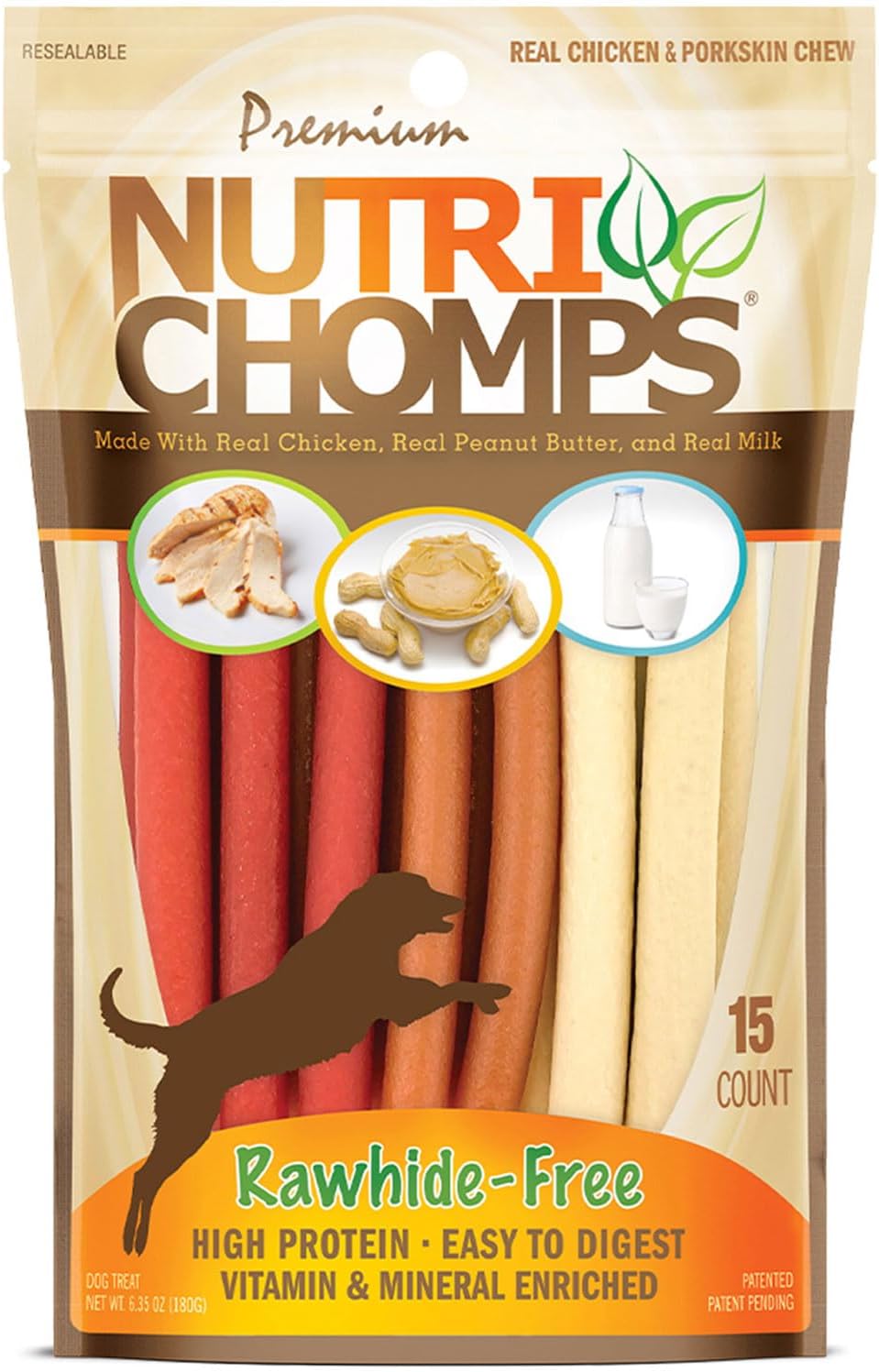 Dog Chews, 5-inch Twists, Easy to Digest, Rawhide-Free Dog Treats, 15 Count, Real Chicken, Peanut Butter and Milk flavors