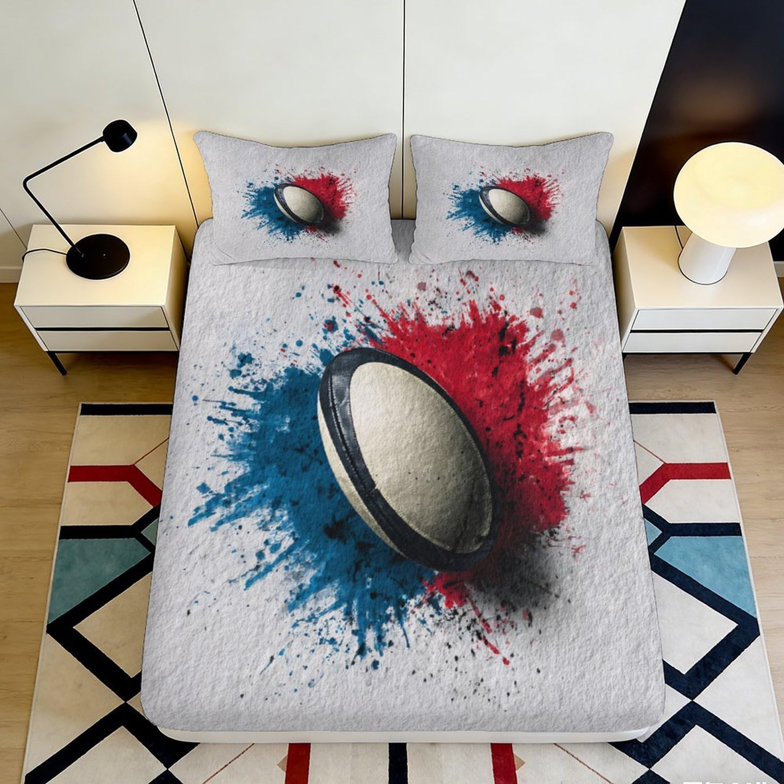 3D Printed Rugby Ball Fitted Sheet Microfiber Soft Durable Blue Red Splash Mattress Cover for Bedroom Dormitory Guest Room Protection and Decoration 140x200x25cm