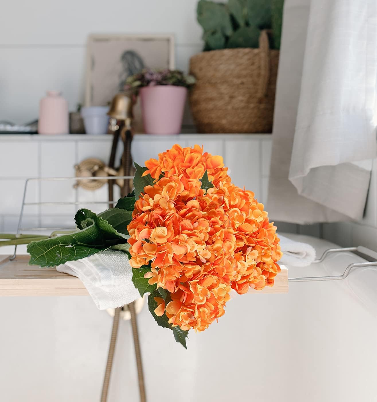 Kisflower 6Pcs Silk Hydrangea Artificial Flowers Realistic Hydrangea Flowers Bouquet for Wedding Party Office Home Decor (orange) - Image 5