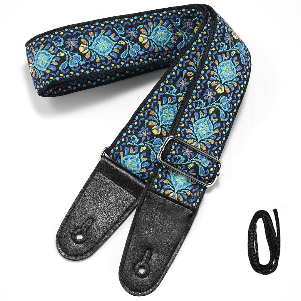 HASTHIP® 34-41 inches Adjustable Guitar Strap, Blue Double-sided Vintage Embroidered Cotton Guitar Belt Straps for Acoustic Guitar, Electric Guitar, Bass, Lengthening and thickening Strap for Guitar