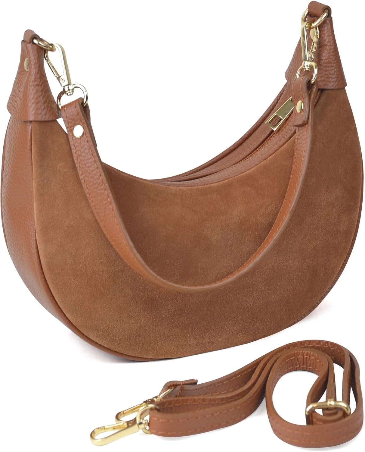 Italian Genuine Leather Crescent Hobo Bag for Women, Small Shoulder Crossbody Purse, Handbag with 2 Straps for Work Travel | 43" Adjustable Strap, Wide 3.5" Bottom, 11.5" Underarm Drop, Smooth/Suede Option, Secure Zip Closure