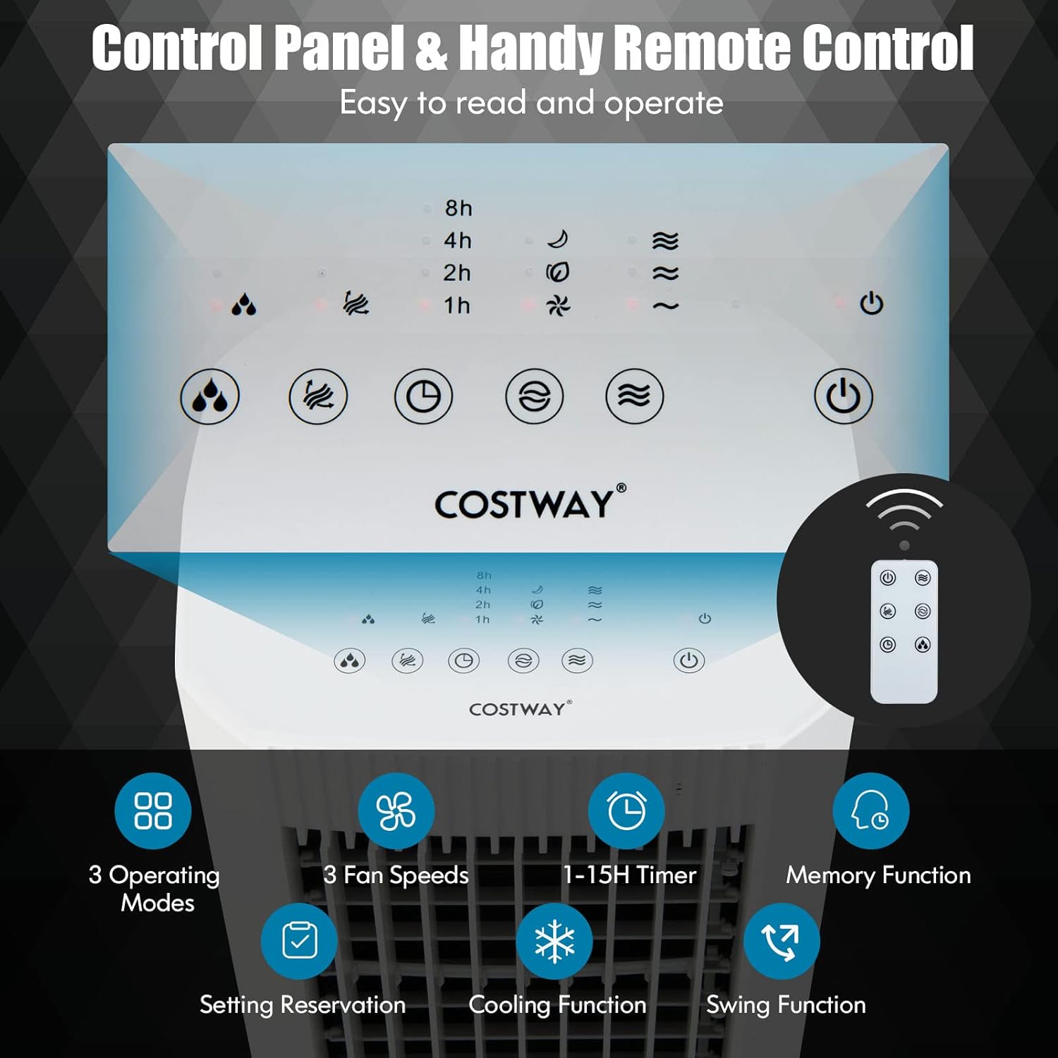 COSTWAY Evaporative Air Cooler, Portable Swamp Cooler with Remote Control, 2 Ice Packs, 15H Timer, 1.3 Gal Water Tank, 60°Oscillation, Quiet Air Cooler Fan for Bedroom Office Home