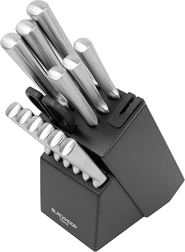 Blackmoor 69099 Juego de cuchillos de 12 piezas con accesorios y bloque de cuchillos negro matecuchillos de acero inoxidable con asas