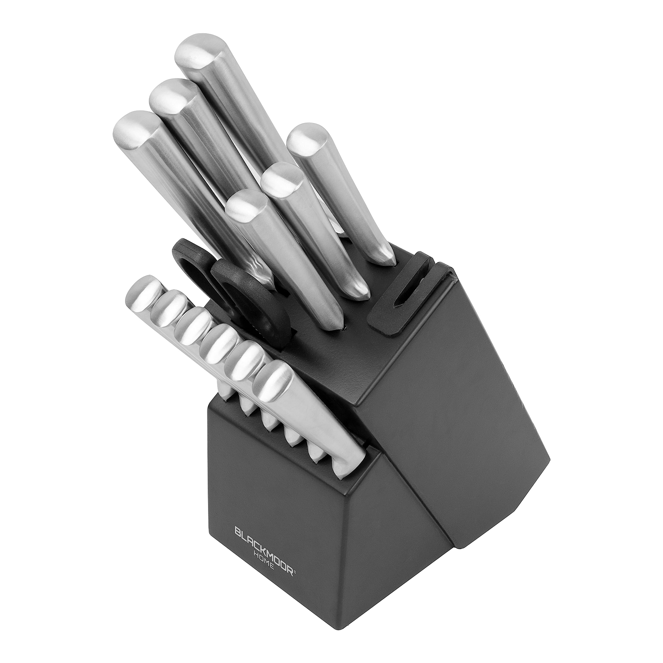 Blackmoor 69099 12-Piece Knife Set with Accessories & Matt Black Knife Block/Stainless Steel Knives with Ergonomic Handles/Edge Retention Functionality/Modern & Stylish Kitchen Accessories