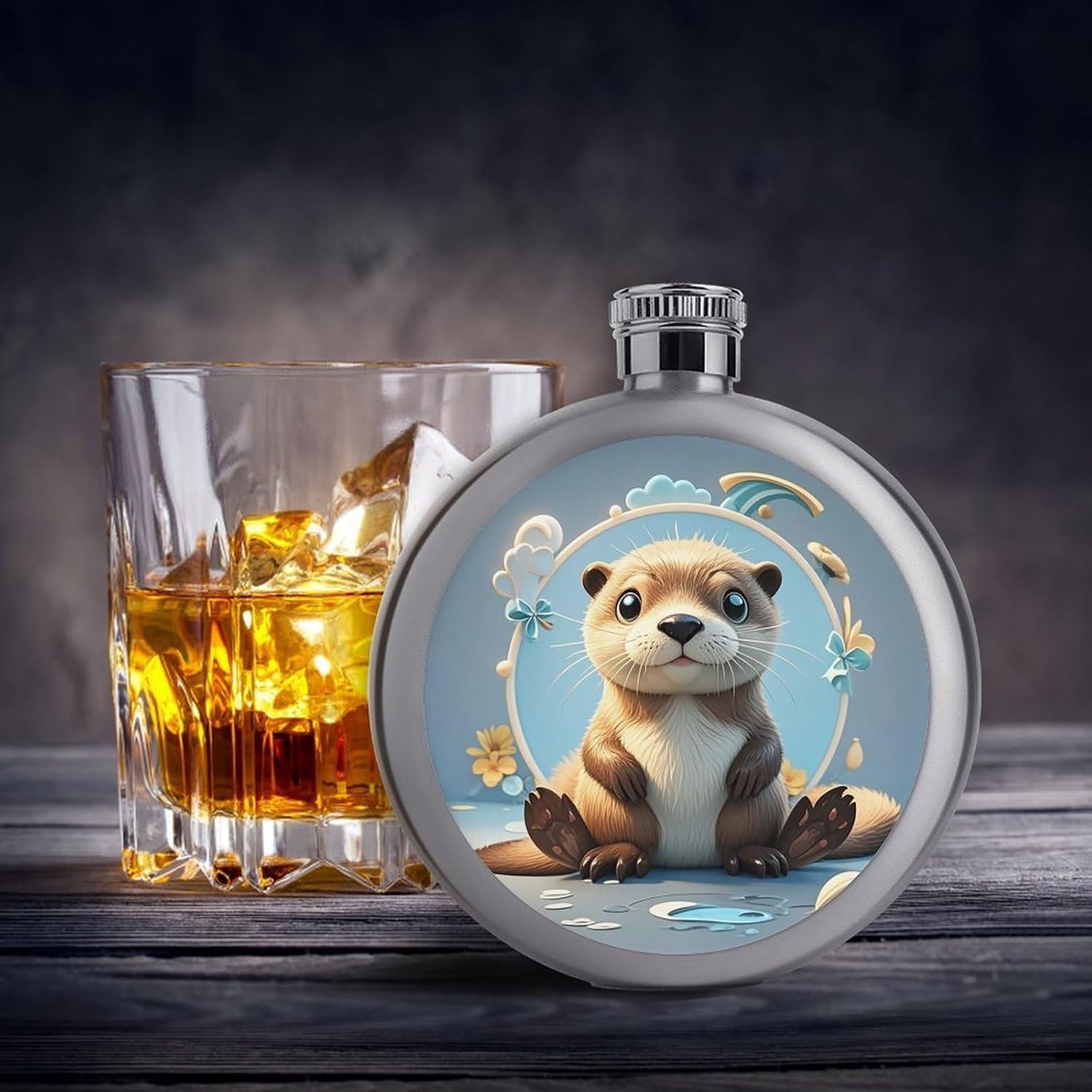 Cute Cartoon Otter Stainless Steel Flagon to 5 Oz with Screw Cap,Hip Flask for Men–Whiskey & Liquor Pocket Flask,Alcohol Flagon for Camping Drink Sports Outdoor Wine Bottle