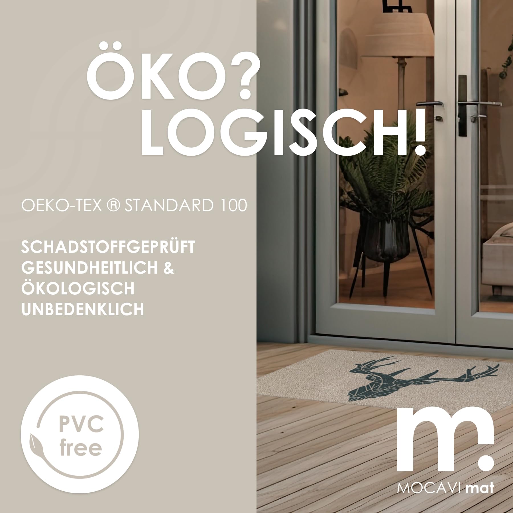 MOCAVI Mat Fußmatte Hirsch waschbar außen & innen beige 45x70cm Sauberlaufmatte Fußabtreter Motiv Country modern hochwertig