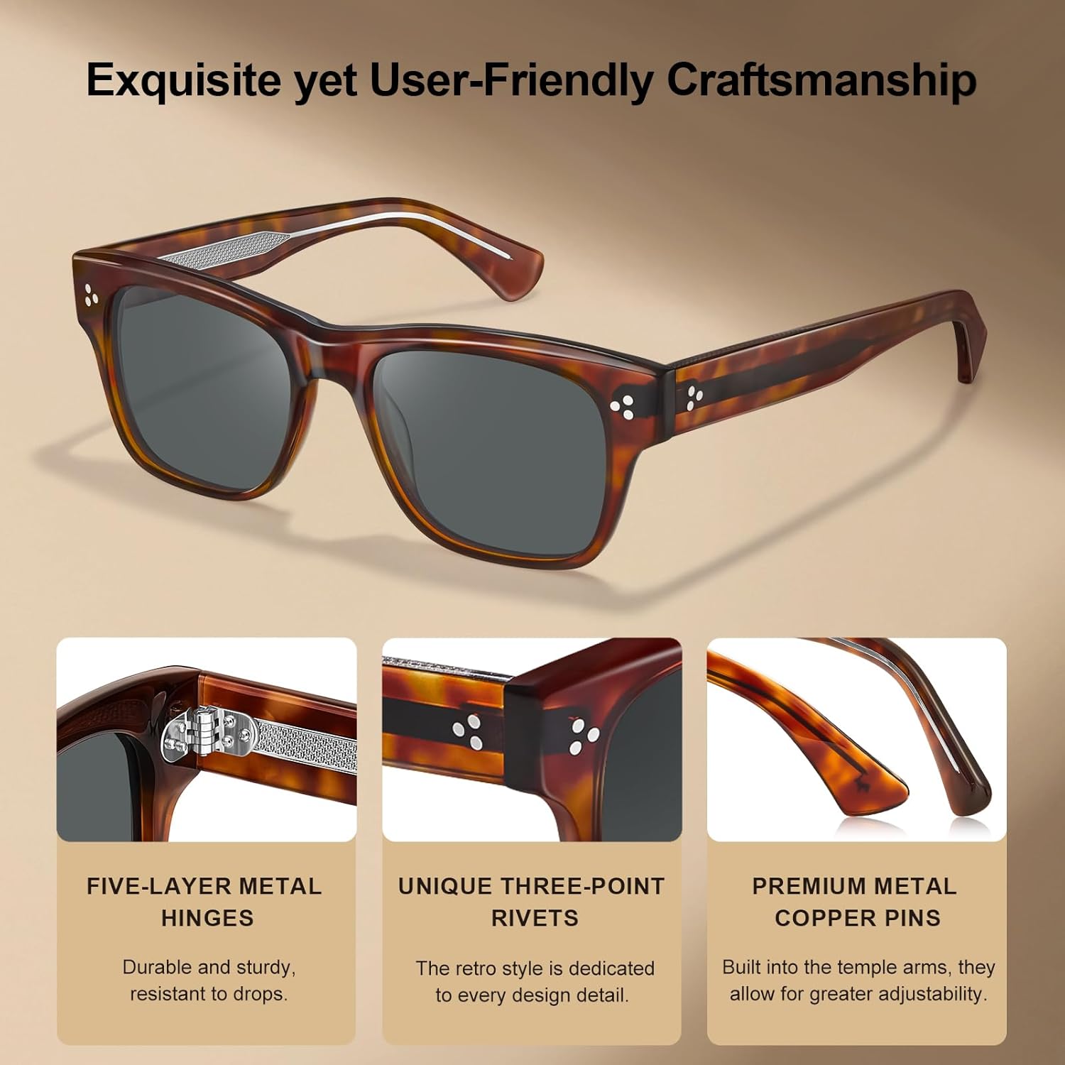 CARFIA Polarized Sunglasses for Men UV400 Protection Premium UV400, Retro Thick Acetate Frames Sun Glasses