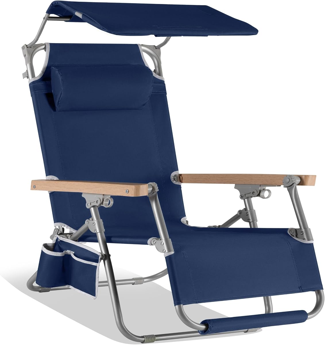 Beach Chair with Adjustable Canopy, Folding Zero Gravity Reclining Camp Lounge Chair with Backpack Straps & Side Pocket, Aluminum Frame Supports 350 lbs - Deep Sea