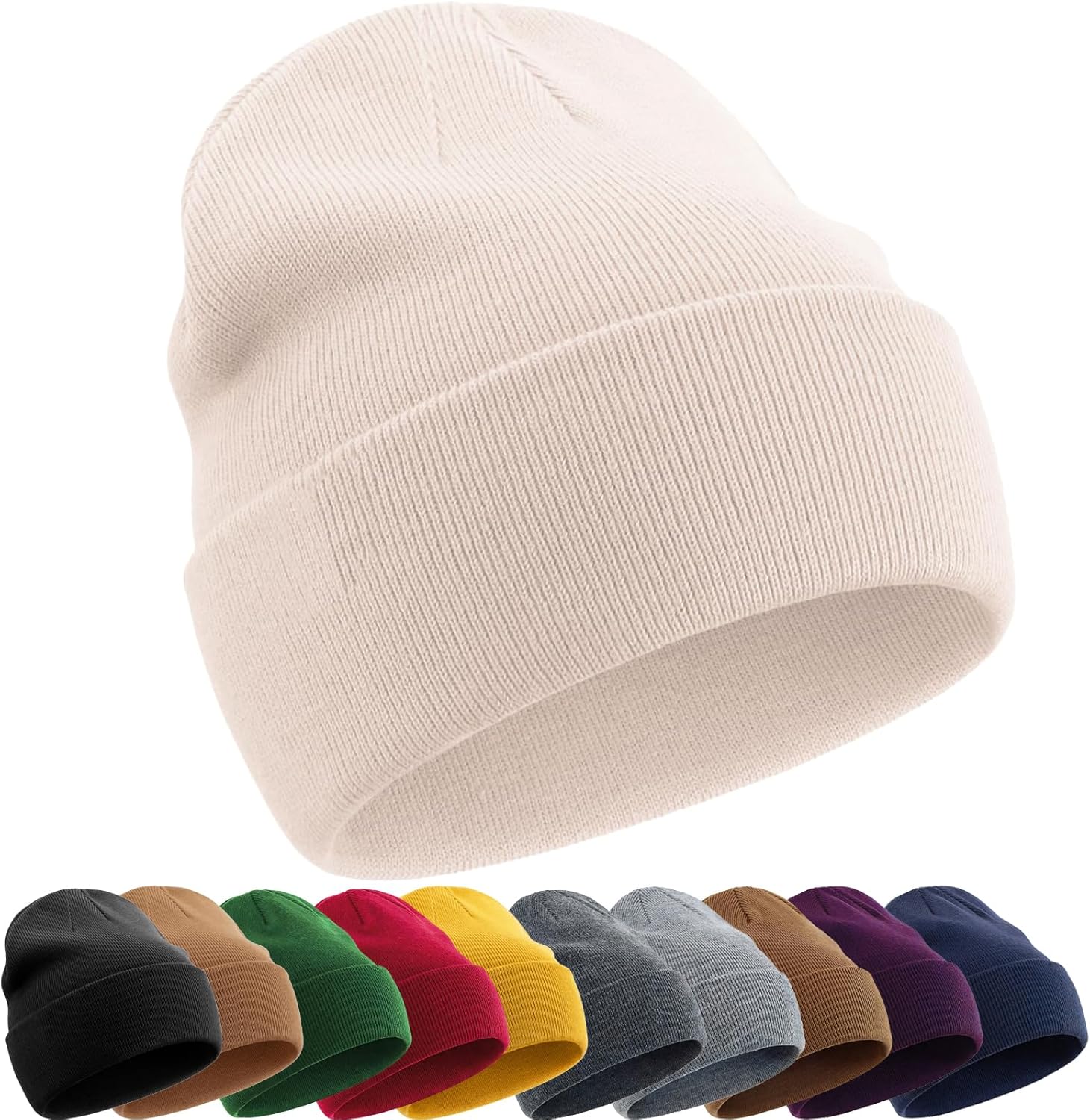 Cotton Beanie Hat for Women Men, Double Warm Knit Winter Hats, Fisherman Slouchy Ski Cuffed Beanies Skull Cap