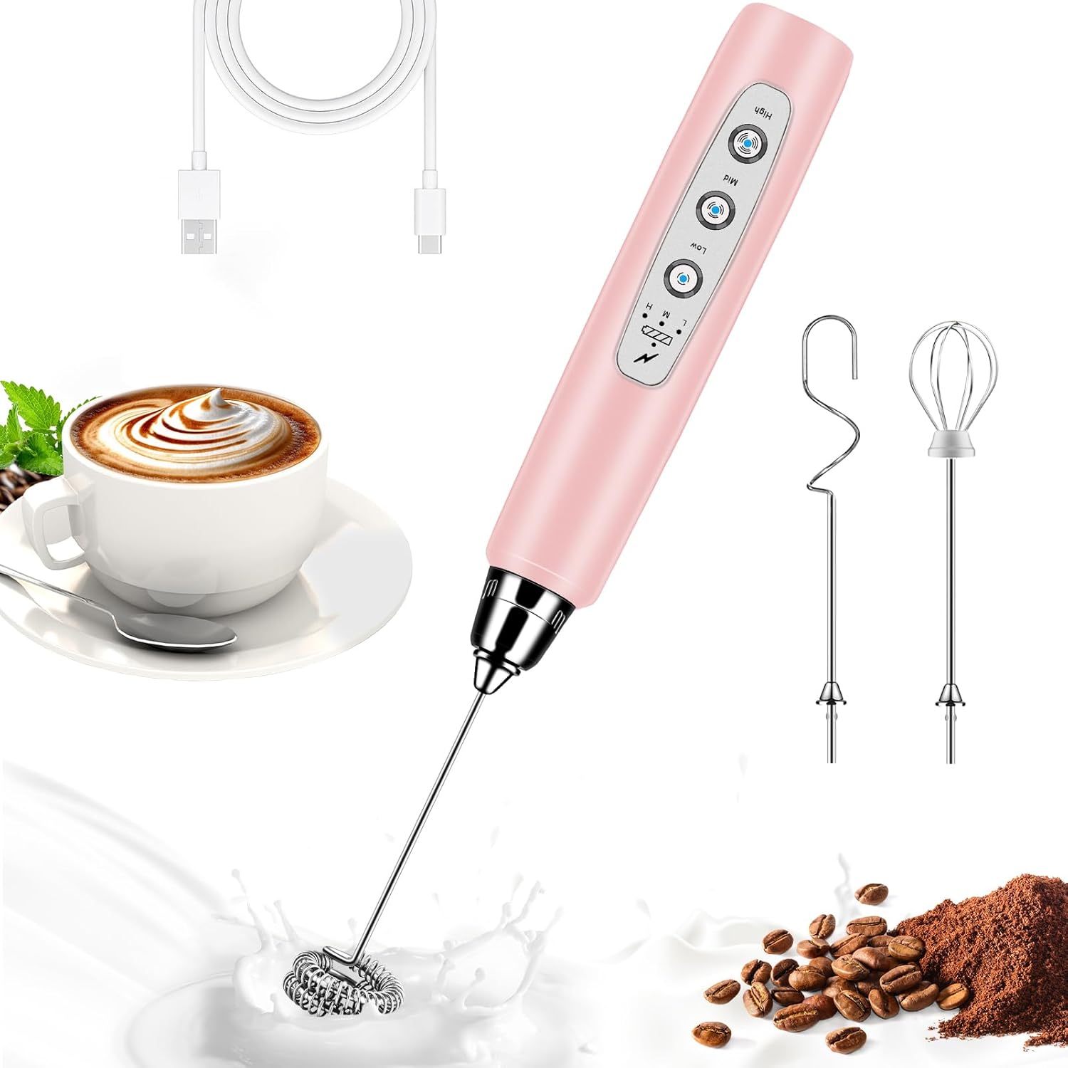 Milk Frother Handheld for Coffee, Electric Whisk 3 Speed Adjustable, Drink Mixer with Stainless 3 Whisks, Rechargeable Hand Frother Wand, Foam Maker for Latte Cappuccino Hot Chocolate Egg Pink