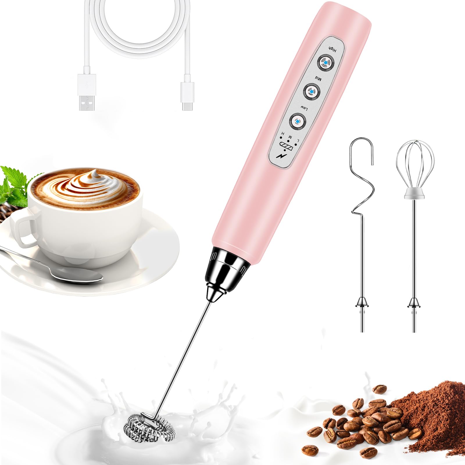 Milk Frother Handheld for Coffee, Electric Whisk 3 Speed Adjustable, Drink Mixer with Stainless 3 Whisks, Rechargeable Hand Frother Wand, Foam Maker for Latte Cappuccino Hot Chocolate Egg Pink