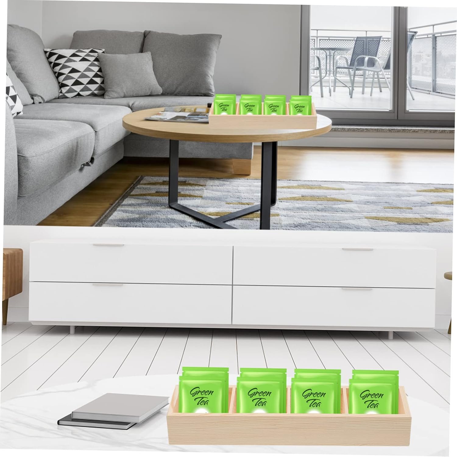 4grid Wooden Tea and Coffee Bag Organizer with Compartments Rustic Multi-functional Storage Box for Home Kitchen and Office Use Tea Bags Sugar Packets and Treats