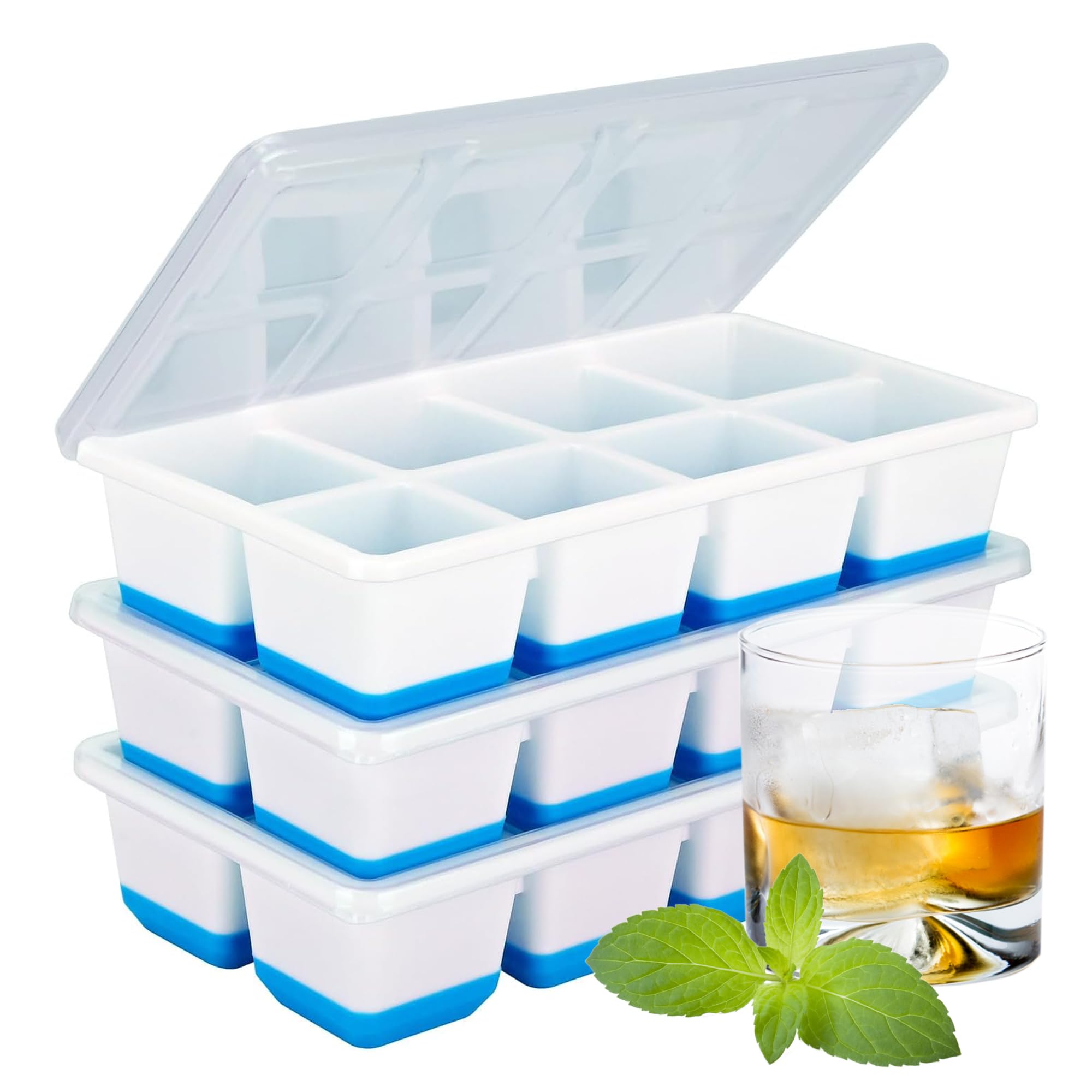 Ice Cube Trays for Freezer, Ice Cube Bin Scoop Trays, Press Type Ice Cube Maker Ice Cube Trays for Freezer with Bin, Ice Cube Trays with Lid and Bin (2 Tiers, 1 Scoop, and 1 Press Plate)