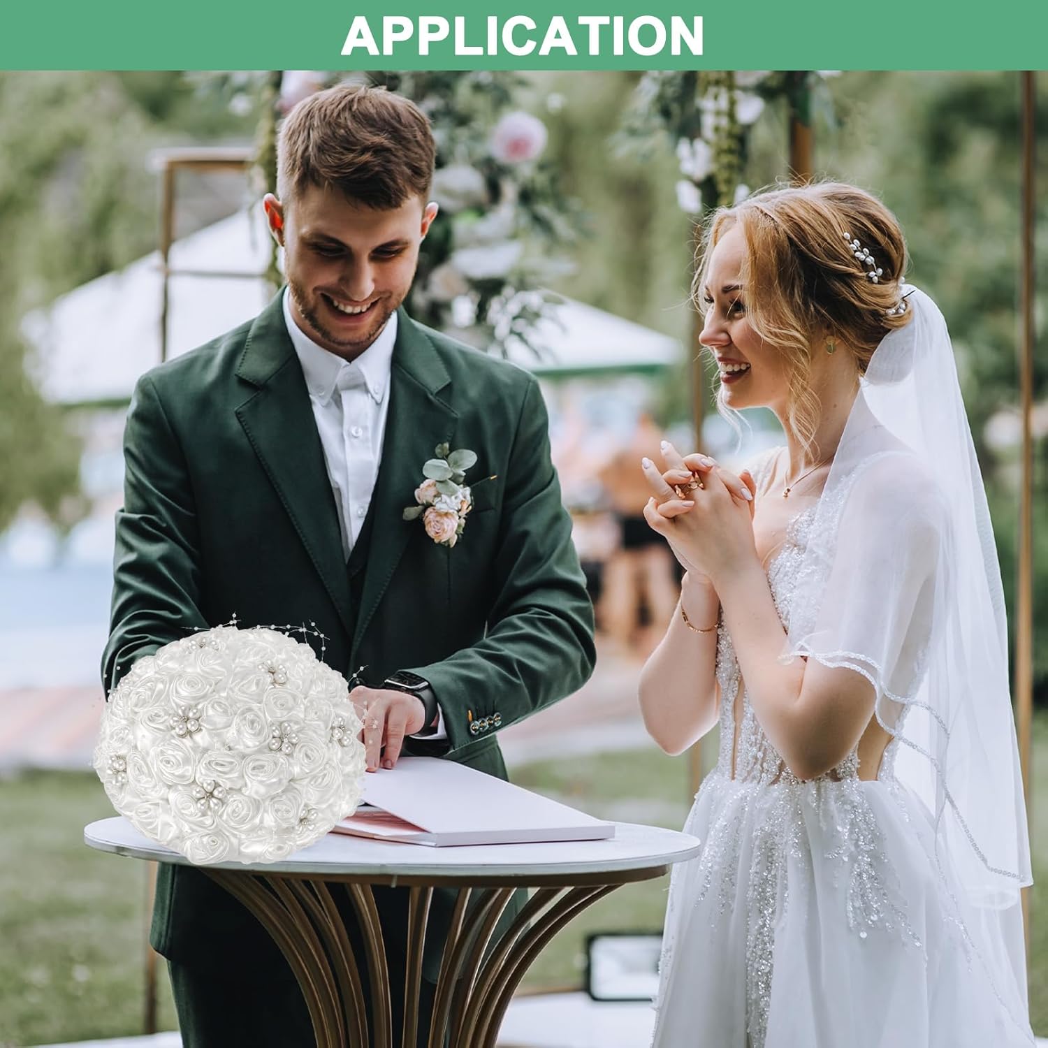 Artificial Rose Bouquet for Bride/Bridesmaid, Throw Toss Bridal Bouquet - Round Wedding Bouquet [White]