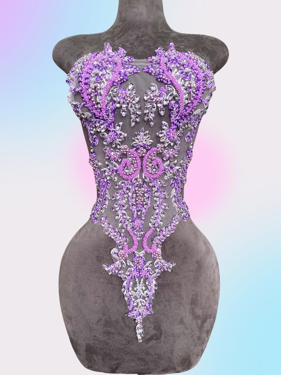 Handmade Rhinestones Lace Bodice Applique Sew on Beads Sequins Trimming Patches for Dress Clothing Accessories 1Pcs/Bag (Light Purple)