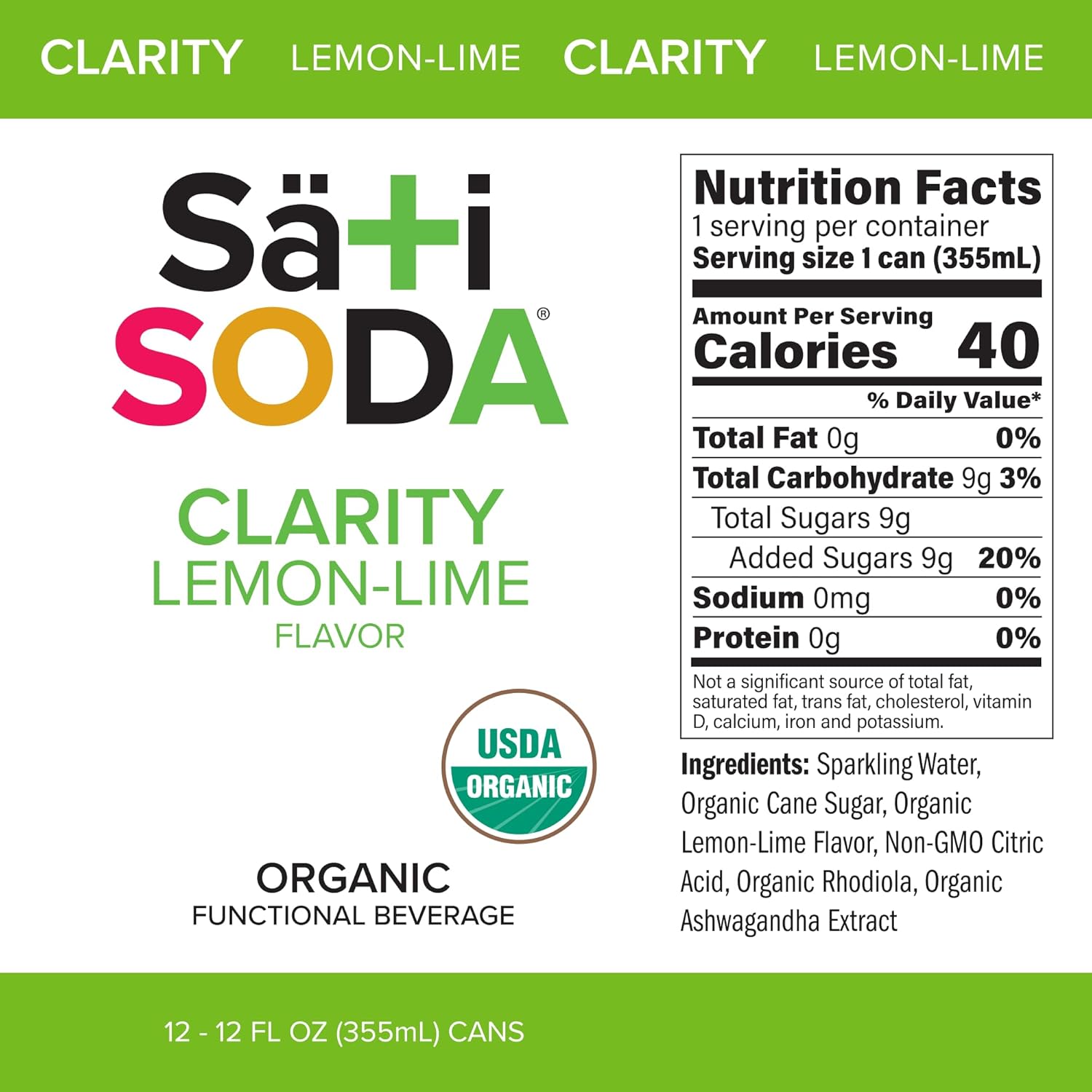 Sati Soda Lemon-Lime – Functional Soda with Ashwagandha & Rhodiola – Low Sugar (9g), Low Calorie, Organic Adaptogen Drink – Healthy Soda Alternative – 12 Pack